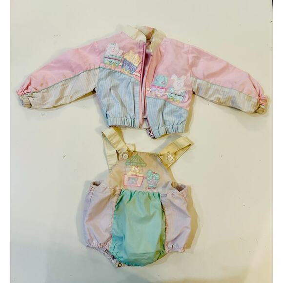 Vintage 80s Baby Girl Jacket Romper Set Pastel Train Animals Overalls Snap 6-9M - Picture 1 of 8